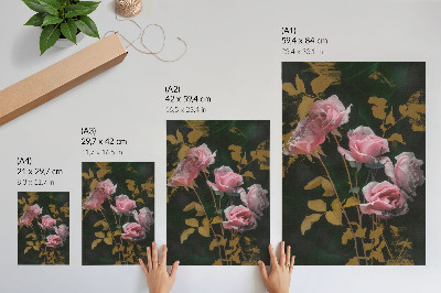 Affiche décorative Roses roses, feuilles vertes, accents dorés, élégance