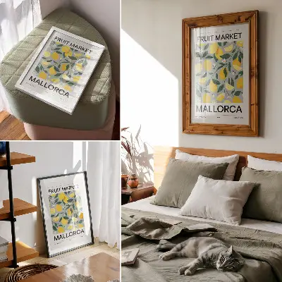 Impression sur toile feuilles vert citron sur fond bleu sans pois