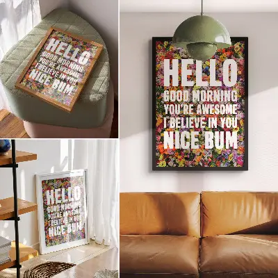 Décoration murale fleurs colorées avec typographie moderne en texte blanc