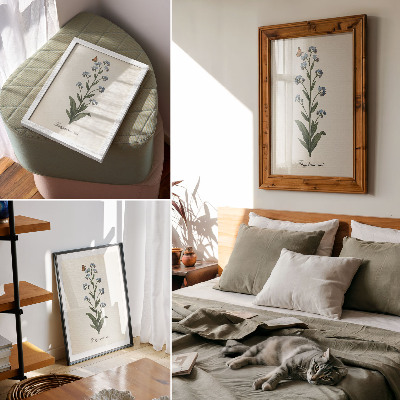 Affiche décorative Myosotis et papillon sur fond crème