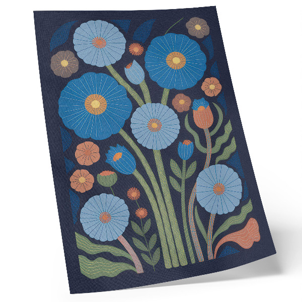 Affiche décorative Fleurs bleues, touches orange, fond bleu marine