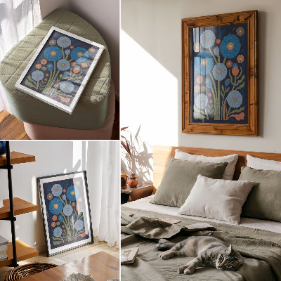 Affiche décorative Fleurs bleues, touches orange, fond bleu marine
