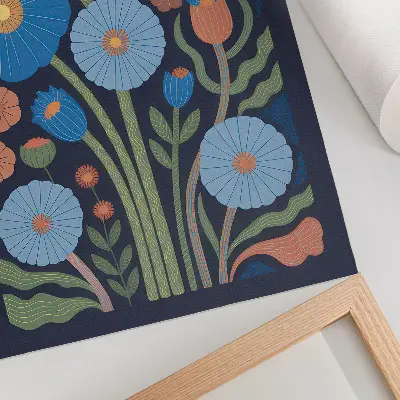 Affiche décorative fleurs bleues avec touches orange sur fond bleu marine