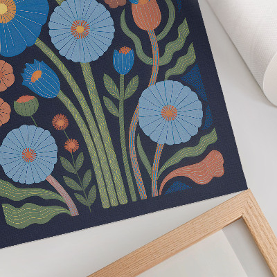 Affiche décorative Fleurs bleues, touches orange, fond bleu marine