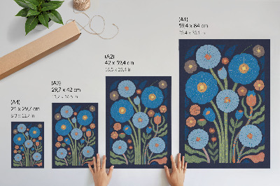 Affiche décorative Fleurs bleues, touches orange, fond bleu marine