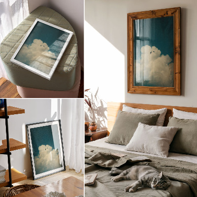 Impression sur toile Nuages ​​blancs, ciel turquoise, deux oiseaux, espace