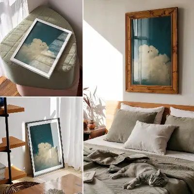 Impression sur toile nuages blancs et oiseaux dans un ciel turquoise