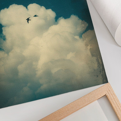 Impression sur toile Nuages ​​blancs, ciel turquoise, deux oiseaux, espace
