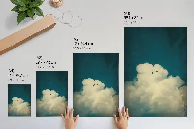 Impression sur toile nuages blancs et oiseaux dans un ciel turquoise