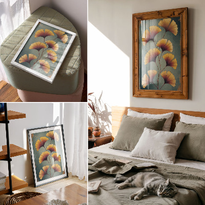 Impression sur toile Feuilles jaunes, fond turquoise, ambiance moderne