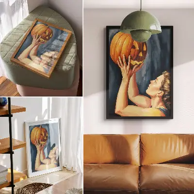 Impression sur toile citrouille orange sur fond bleu foncé style surréaliste