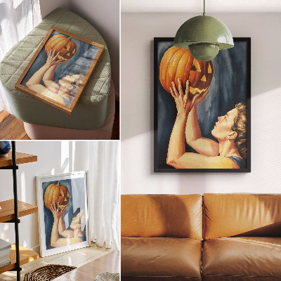 Impression sur toile citrouille orange sur fond bleu foncé surréalisme