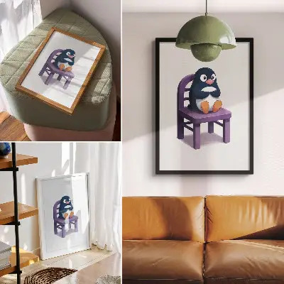 Décoration murale pingouin violet sur une chaise au style minimaliste