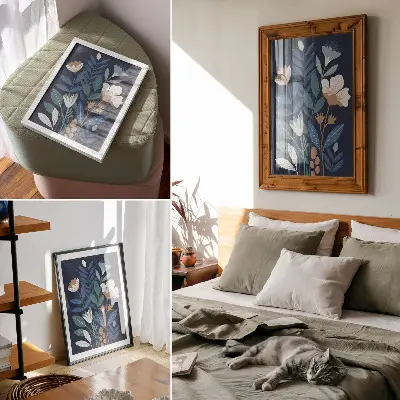 Décoration murale feuilles bleues avec fleurs crème et touches de brun