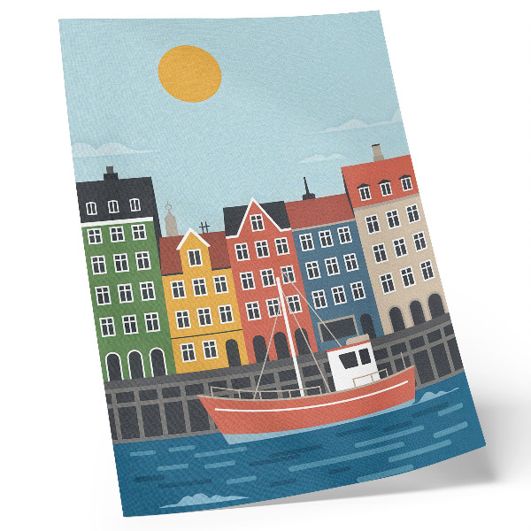 Affiche décorative Des immeubles colorés, un bateau sur l'eau, une journée ensoleillée