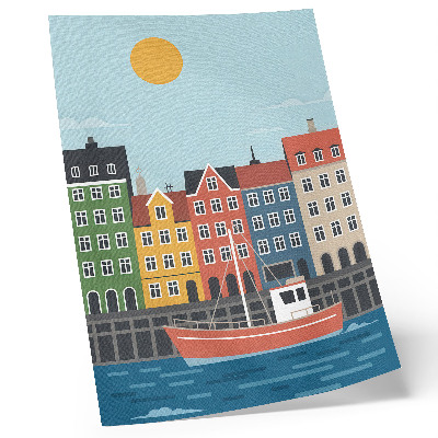 Affiche décorative Des immeubles colorés, un bateau sur l'eau, une journée ensoleillée