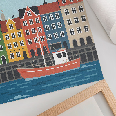 Affiche décorative Des immeubles colorés, un bateau sur l'eau, une journée ensoleillée