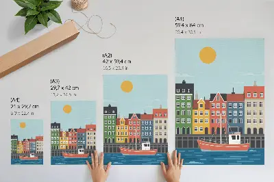 Affiche décorative des immeubles colorés avec un bateau sur l'eau par une journée ensoleillée