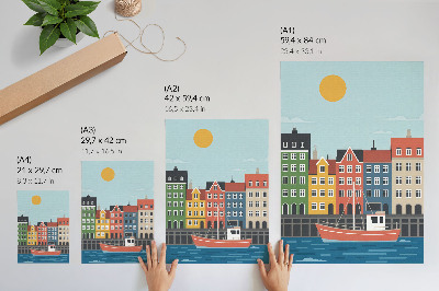 Affiche décorative Des immeubles colorés, un bateau sur l'eau, une journée ensoleillée