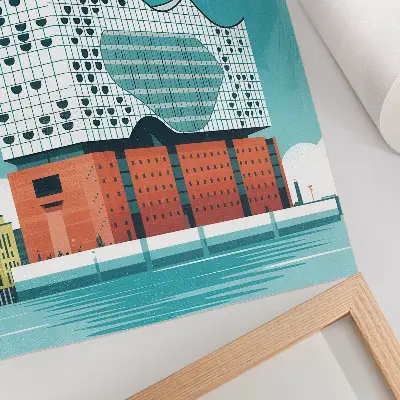 Décoration murale représentant une architecture moderne avec des nuages dans les tons bleus