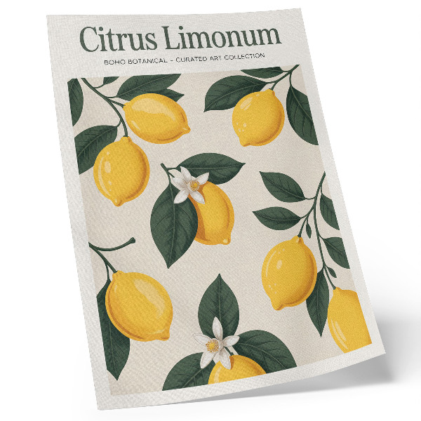 Affiche décorative Citrons juteux, feuilles vertes, fond crème