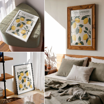 Affiche décorative Citrons juteux, feuilles vertes, fond crème