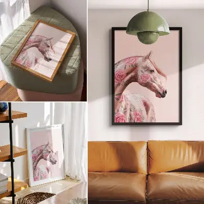 Affiche décorative cheval avec motif floral romantique et moderne