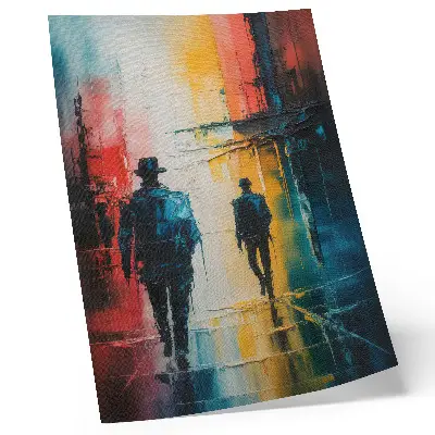 Affiche décorative scène urbaine colorée avec des figures mystérieuses