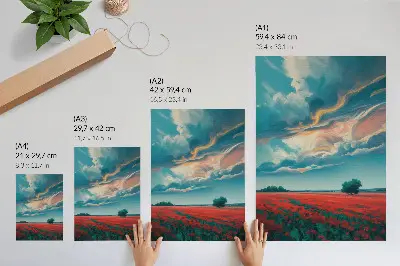 Affiche décorative représentant une prairie colorée de coquelicots sous un ciel flamboyant