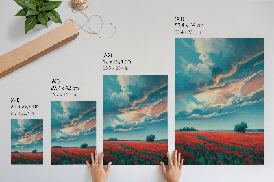 Affiche décorative Une prairie colorée de coquelicots sous un ciel flamboyant