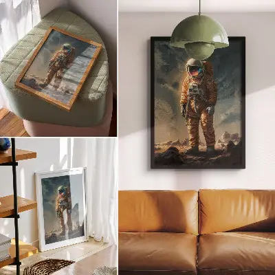 Impression sur toile représentant un astronaute sur une planète extraterrestre sous le ciel nocturne