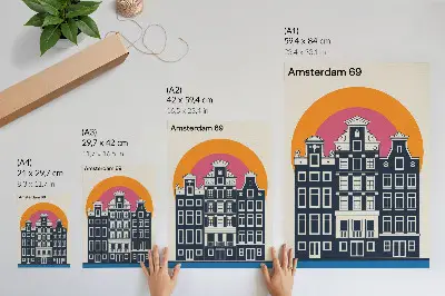 Affiche décorative immeubles de rapport sur fond coloré au style moderne