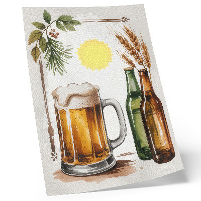 Impression sur toile Une chope de bière avec des bouteilles, des feuilles et du soleil