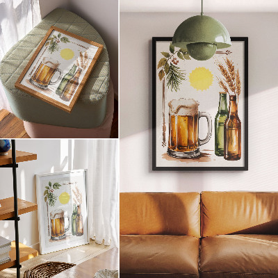 Impression sur toile Une chope de bière avec des bouteilles, des feuilles et du soleil
