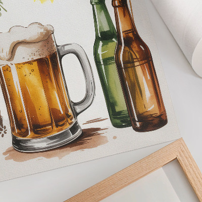 Impression sur toile Une chope de bière avec des bouteilles, des feuilles et du soleil