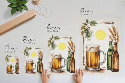 Impression sur toile Une chope de bière avec des bouteilles, des feuilles et du soleil
