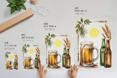 Impression sur toile une chope de bière entourée de bouteilles et de feuilles sous le soleil