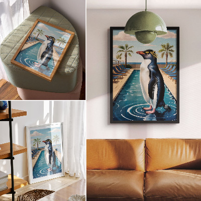 Impression sur toile Piscine à pingouins, palmiers, détente au bord de la mer