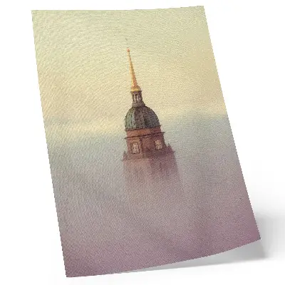 Décoration murale tour dans le brouillard aux couleurs délicates et à la composition paisible