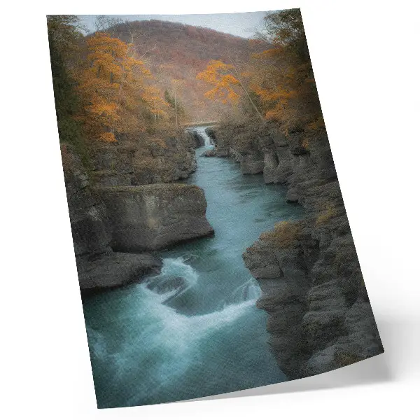 Impression sur toile paysage d'automne avec rivière de montagne et pentes rocheuses