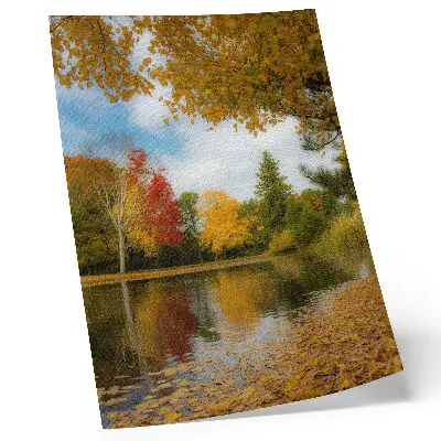 Impression sur toile représentant des arbres colorés au bord du lac dans une ambiance automnale