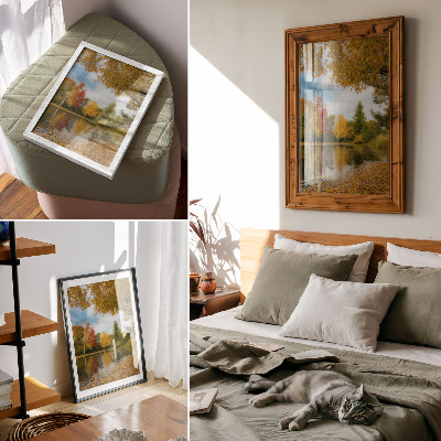 Impression sur toile Arbres colorés au bord du lac, ambiance automnale