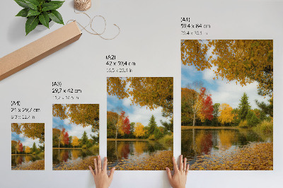 Impression sur toile Arbres colorés au bord du lac, ambiance automnale
