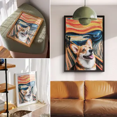 Affiche décorative représentant un chien mignon aux couleurs dynamiques et contrastes saisissants