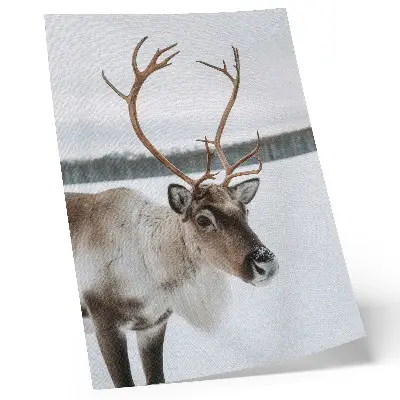 Décoration murale représentant un renne à la fourrure beige dans un paysage hivernal