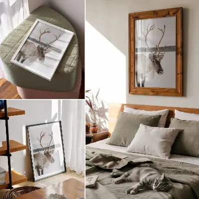 Décoration murale représentant un renne à la fourrure beige dans un paysage hivernal