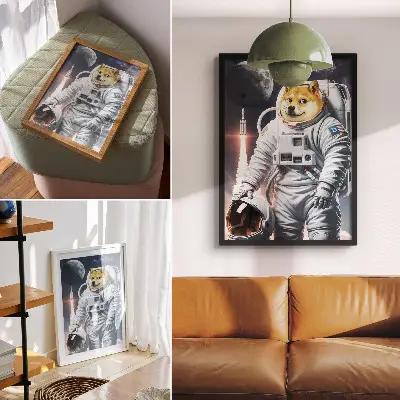 Impression sur toile représentant un chien en combinaison spatiale avec une fusée et une tenue lunaire
