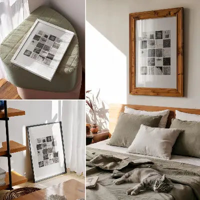 Décoration murale représentant des motifs géométriques noirs et blancs sous une forme artistique