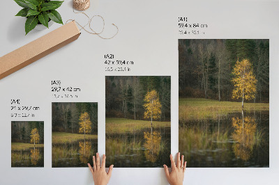 Impression sur toile Un arbre doré se détachant sur le fond d'une forêt sombre et d'un lac