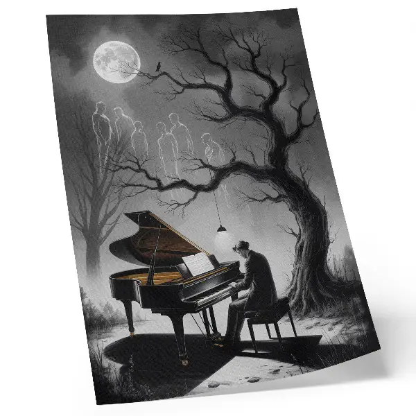 Décoration murale sur le thème de couleurs feutrées avec un piano fantôme sous la lune